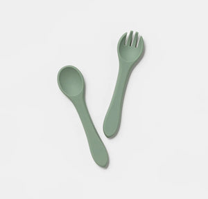 SILICONE FORK AND SPOON SET - SOFT MOSS